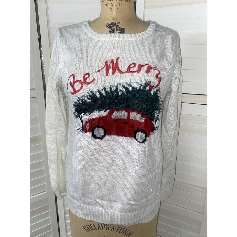 Signature Collection Embroidered “Be Merry” White Christmas Sweater Sz Medium